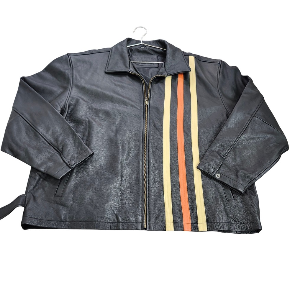 GEEK SQUAD JACKET MENS XXXXL BLACK RACING STRIPES LEATHER EUC